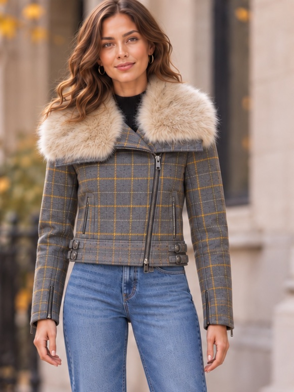 Banana Republic Plaid Wool Blend Faux Fur Moto Jacket XS